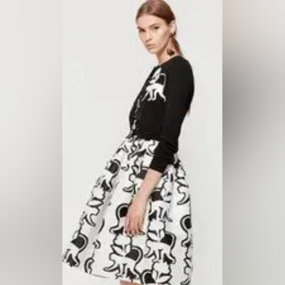 ♧$1990 OSCAR DE LA RENTA BLACK WHT MONKEY VIRGIN WOOL CARDIGAN US XL